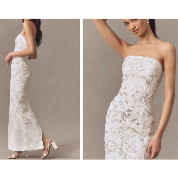 Milly Magnolia Embellished White/Silver Strapless Beaded Sequin Maxi Dress Sz 2 - Picture 5 of 14